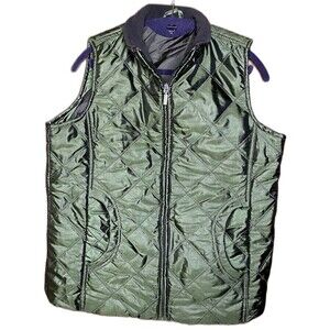 JANE ASHLEY Vest Metallic Green Quilted Full Zip Pockets Womens PL Petite L